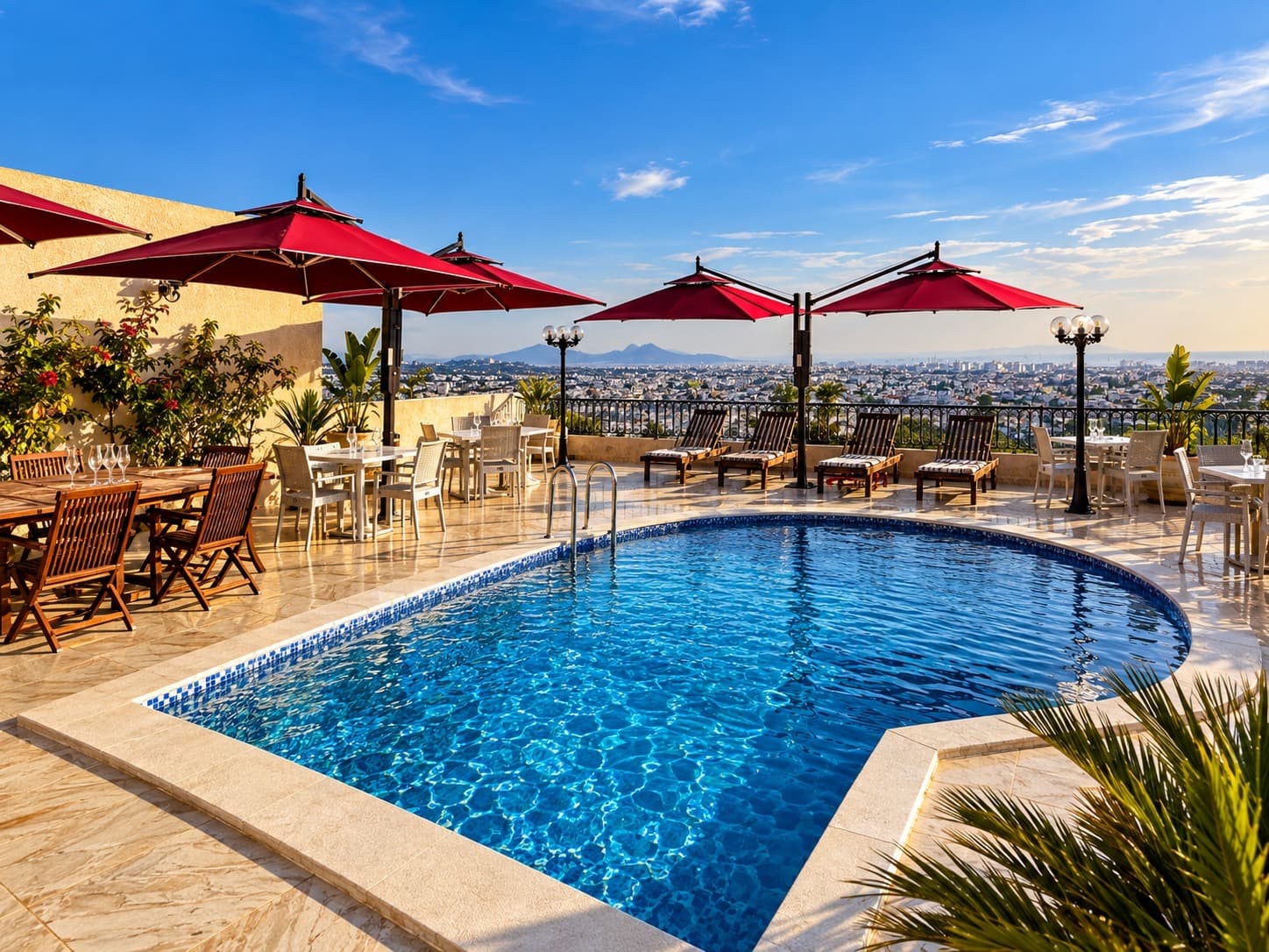 Piscine bleue entourée de transats et de parasols bordeaux avec vue sur la ville