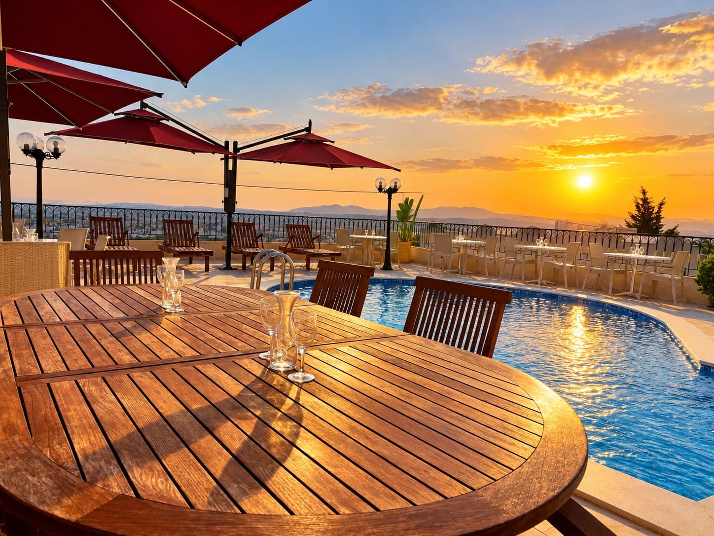 Table en teck au bord de la piscine face au coucher de soleil sur les montagnes