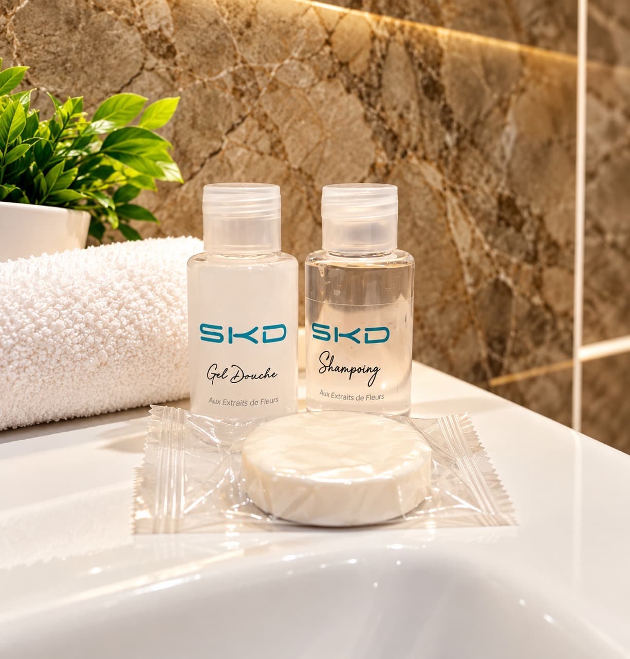 Gel douche, shampoing et savon posés sur une vasque blanche
