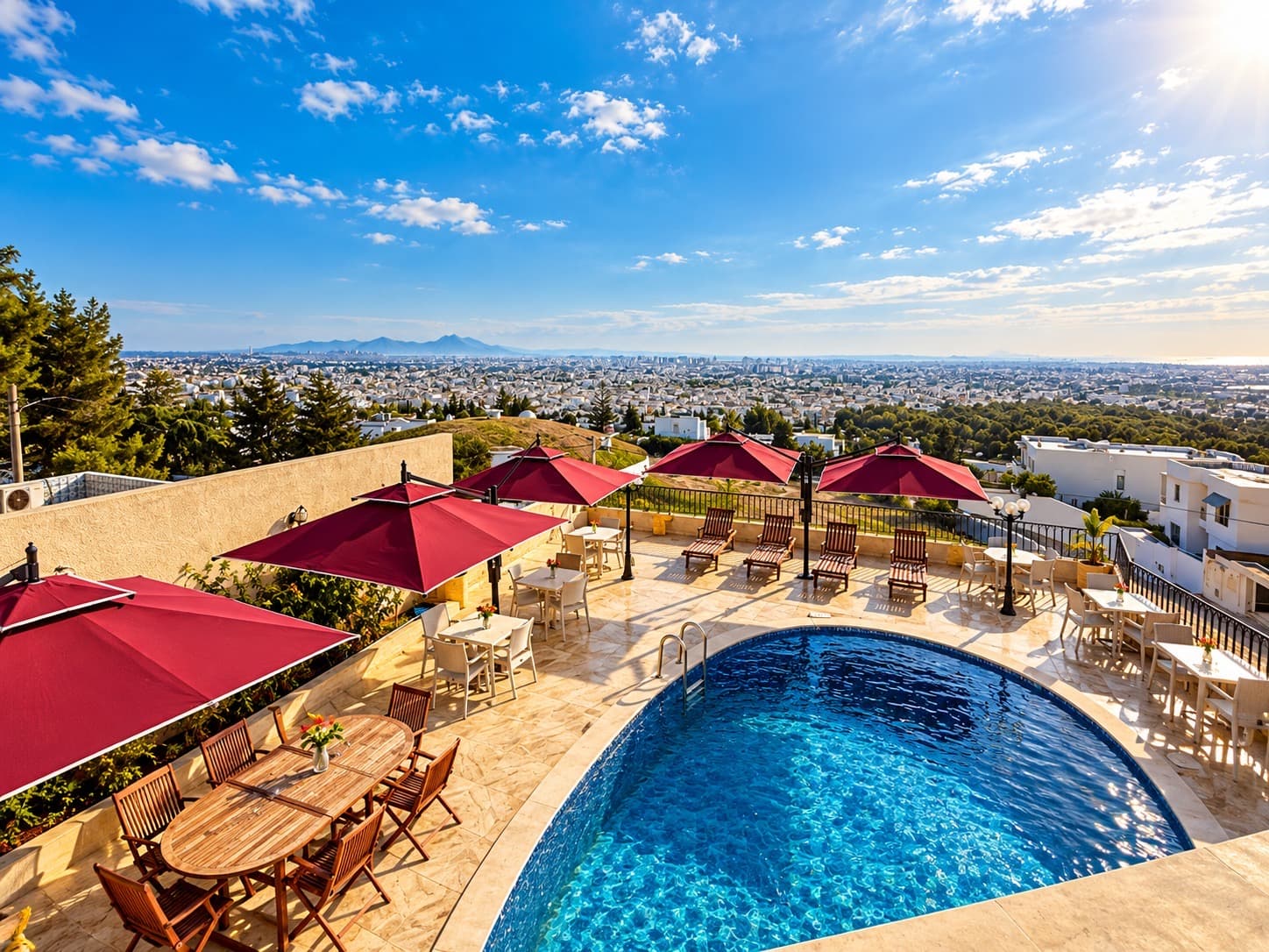 Vue aérienne de la terrasse et de la piscine dominant la ville jusqu'aux montagnes