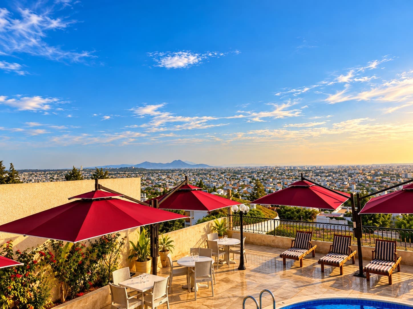 Terrasse de la maison au soleil couchant, parasols bordeaux et vue dégagée sur la ville et les montagnes